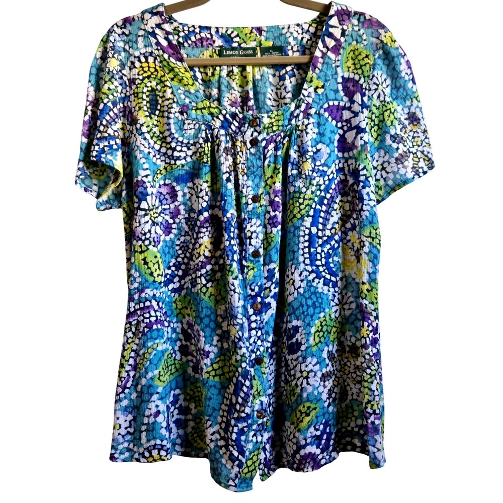 Boho Mosaic Lemon Grass Studio Women's XL Blue Green Cotton Button Down Top